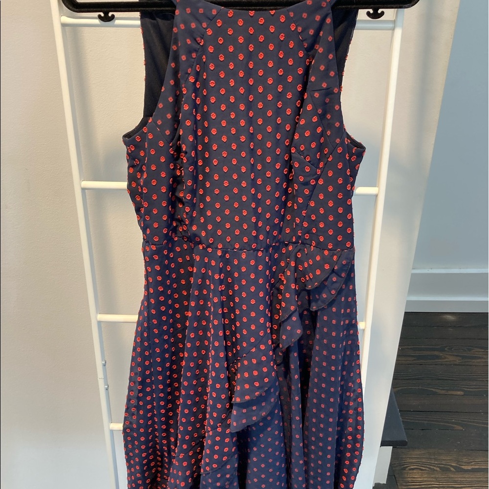 Flirty & fun! Blue and red dotted mid- length cocktail dress, size 6.